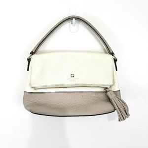 Kate Spade Womens Pebbled Leather Handbag Foldover White Taupe Magnetic Tassle